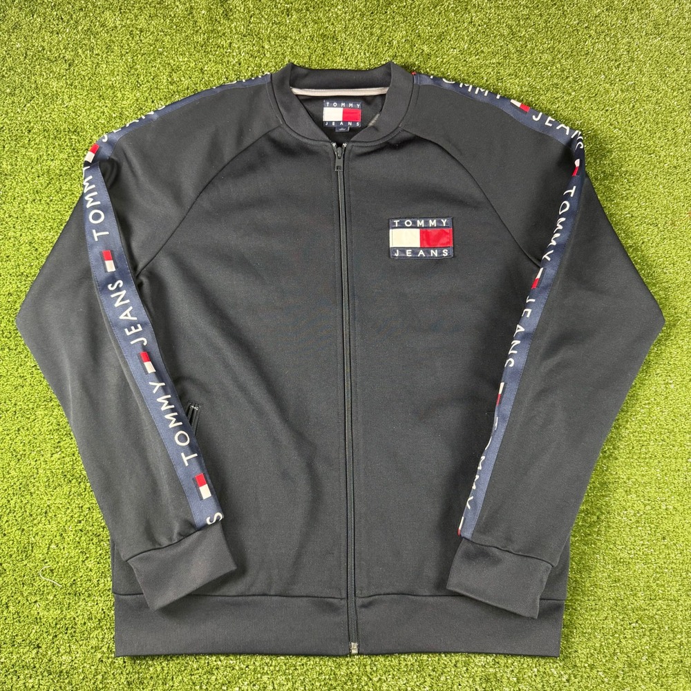 Tommy Jeans Mens Black Logo Tape Track Jacket Full Zip Flag Patch Large Graphic